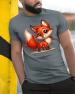 Cute Smiling Fox Tee Adorable Cartoon Fox Art Graphic Style - model wearing grey tee, leaning on column