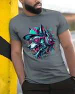 Cyberpunk Wolf DJ Graphic T Shirt With Neon Street Vibes - model wearing grey tee, leaning on column