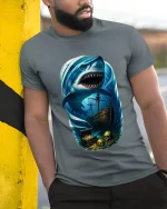 Giant Shark Pirate Ocean Art T Shirt With Dark Adventure Vibes - model wearing grey tee, leaning on column