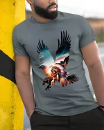 Native Eagle Spirit Art T Shirt With Powerful Freedom Energy - model wearing grey tee, leaning on column