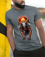 Infernal Three Headed Demon Fire Art T Shirt Dark Fantasy Power - model wearing grey tee, leaning on column