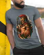Spartan Warrior Fire Art T Shirt Ancient Strength Battle Style - model wearing grey tee, leaning on column