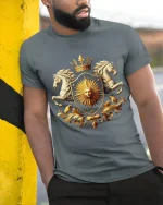 Royal Sun Crest Tee With Golden Shield And Majestic Horses Art - model wearing grey tee, leaning on column