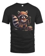 Raccoon Craftsman Adventure T Shirt Funny Cute Graphic Tee - black t-shirt on white background