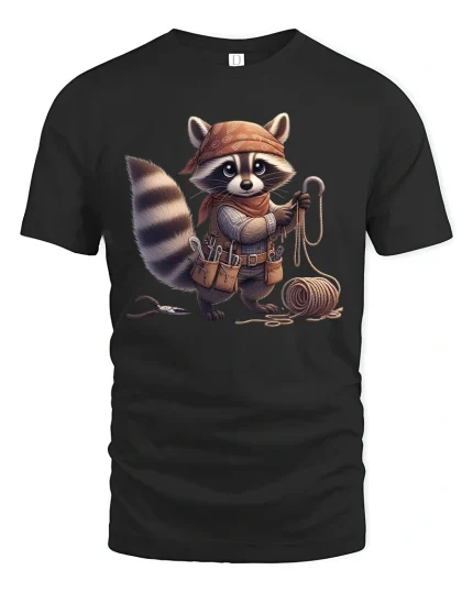 Raccoon Craftsman Adventure T Shirt Funny Cute Graphic Tee - black t-shirt on white background
