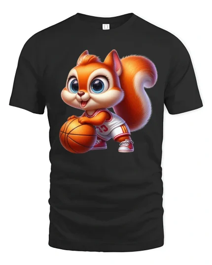 Cute Basketball Squirrel Cartoon Art T Shirt Fun Sport Graphic Tee - black t-shirt on white background