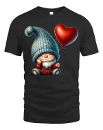 Cute Gnome Holding Heart Balloon Cartoon Art T Shirt Cozy Graphic Tee - black t-shirt on white background