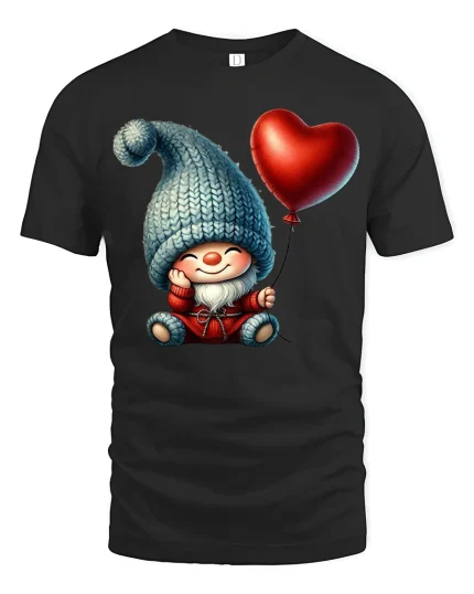 Cute Gnome Holding Heart Balloon Cartoon Art T Shirt Cozy Graphic Tee - black t-shirt on white background