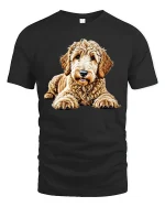 Cute Goldendoodle Puppy Portrait Cartoon Art T Shirt Adorable Tee - black t-shirt on white background
