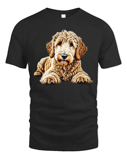 Cute Goldendoodle Puppy Portrait Cartoon Art T Shirt Adorable Tee - black t-shirt on white background