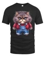 Grumpy Fluffy Cat Cartoon Art T Shirt Funny Attitude Graphic Tee - black t-shirt on white background