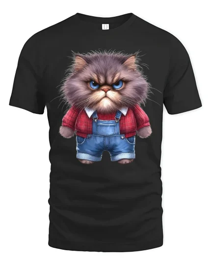 Grumpy Fluffy Cat Cartoon Art T Shirt Funny Attitude Graphic Tee - black t-shirt on white background