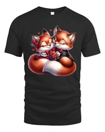 Cute Romantic Fox Couple Cartoon Art T Shirt Sweet Love Graphic Tee - black t-shirt on white background