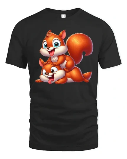 Funny Playful Squirrel Duo Cartoon Art T Shirt Cute Graphic Tee - black t-shirt on white background