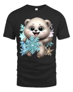 Cute Polar Bear Snowflake Cartoon Art T Shirt Cozy Winter Graphic Tee - black t-shirt on white background