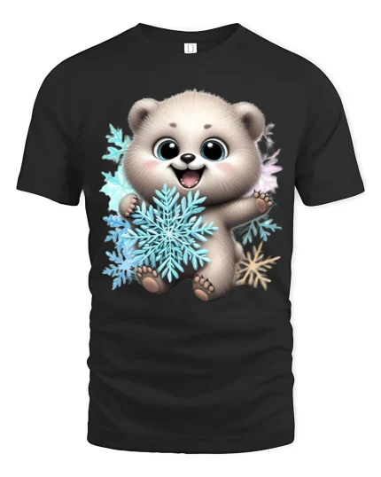 Cute Polar Bear Snowflake Cartoon Art T Shirt Cozy Winter Graphic Tee - black t-shirt on white background