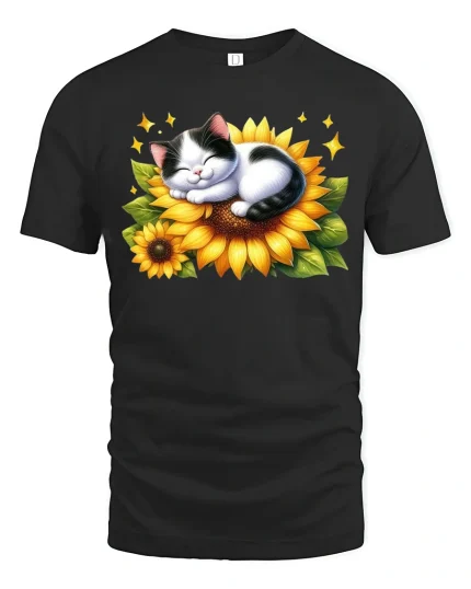 Cute Sleeping Cat On Sunflower Cartoon Art T Shirt Cozy Graphic Tee - black t-shirt on white background