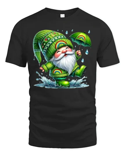 Cute Rainbow Gnome Rain Dance Cartoon Art T Shirt Happy Graphic Tee - black t-shirt on white background