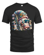 Cute Gnome Reading Book Fantasy Art T Shirt Cozy Graphic Tee - black t-shirt on white background
