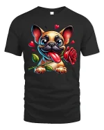 Cute French Bulldog Love Rose Cartoon Art T Shirt Funny Graphic Tee - black t-shirt on white background