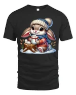 Cute Bunny Hot Cocoa Winter Cartoon Art TShirt Cozy Graphic Tee - black t-shirt on white background