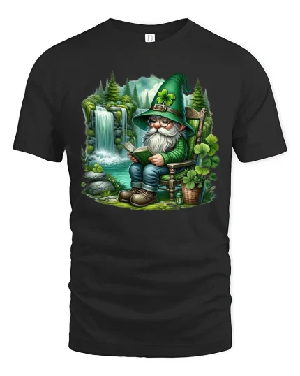 Cute Irish Gnome Reading Book Fantasy Art T Shirt Cozy Graphic Tee - black t-shirt on white background