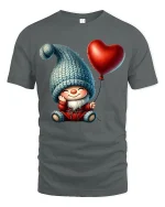 Cute Gnome Holding Heart Balloon Cartoon Art T Shirt Cozy Graphic Tee - gray t-shirt on white background