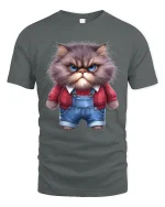 Grumpy Fluffy Cat Cartoon Art T Shirt Funny Attitude Graphic Tee - gray t-shirt on white background