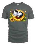 Cute Sleeping Cat On Sunflower Cartoon Art T Shirt Cozy Graphic Tee - gray t-shirt on white background