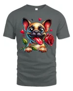 Cute French Bulldog Love Rose Cartoon Art T Shirt Funny Graphic Tee - gray t-shirt on white background