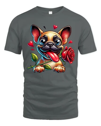 Cute French Bulldog Love Rose Cartoon Art T Shirt Funny Graphic Tee - gray t-shirt on white background