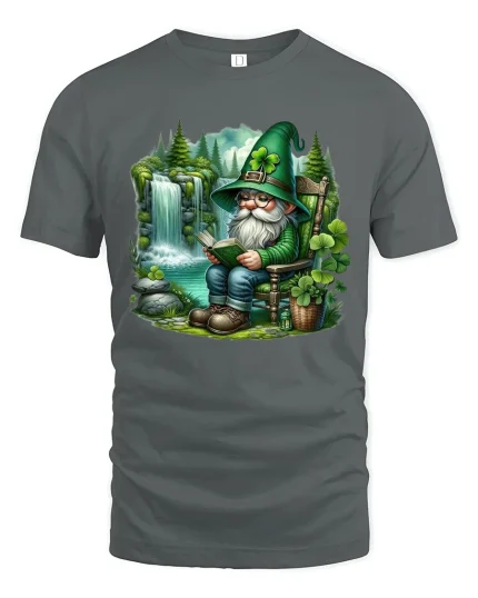 Cute Irish Gnome Reading Book Fantasy Art T Shirt Cozy Graphic Tee - gray t-shirt on white background