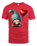 Cute Gnome Holding Heart Balloon Cartoon Art T Shirt Cozy Graphic Tee - red t-shirt on white background