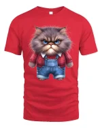 Grumpy Fluffy Cat Cartoon Art T Shirt Funny Attitude Graphic Tee - red t-shirt on white background