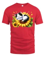 Cute Sleeping Cat On Sunflower Cartoon Art T Shirt Cozy Graphic Tee - red t-shirt on white background