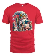 Cute Gnome Reading Book Fantasy Art T Shirt Cozy Graphic Tee - red t-shirt on white background