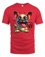 Cute French Bulldog Love Rose Cartoon Art T Shirt Funny Graphic Tee - red t-shirt on white background