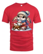 Cute Bunny Hot Cocoa Winter Cartoon Art TShirt Cozy Graphic Tee - red t-shirt on white background
