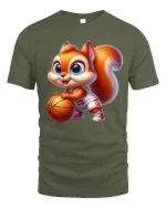 Cute Basketball Squirrel Cartoon Art T Shirt Fun Sport Graphic Tee - military green t-shirt on white background