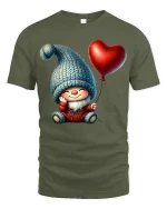 Cute Gnome Holding Heart Balloon Cartoon Art T Shirt Cozy Graphic Tee - military green t-shirt on white background