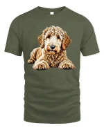 Cute Goldendoodle Puppy Portrait Cartoon Art T Shirt Adorable Tee - military green t-shirt on white background