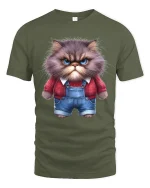 Grumpy Fluffy Cat Cartoon Art T Shirt Funny Attitude Graphic Tee - military green t-shirt on white background