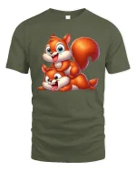 Funny Playful Squirrel Duo Cartoon Art T Shirt Cute Graphic Tee - military green t-shirt on white background