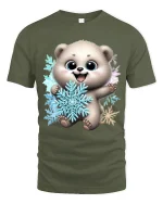 Cute Polar Bear Snowflake Cartoon Art T Shirt Cozy Winter Graphic Tee - military green t-shirt on white background