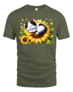 Cute Sleeping Cat On Sunflower Cartoon Art T Shirt Cozy Graphic Tee - military green t-shirt on white background
