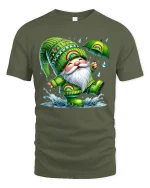 Cute Rainbow Gnome Rain Dance Cartoon Art T Shirt Happy Graphic Tee - military green t-shirt on white background
