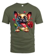 Cute French Bulldog Love Rose Cartoon Art T Shirt Funny Graphic Tee - military green t-shirt on white background