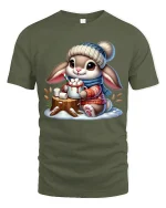 Cute Bunny Hot Cocoa Winter Cartoon Art TShirt Cozy Graphic Tee - military green t-shirt on white background