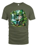 Cute Irish Gnome Reading Book Fantasy Art T Shirt Cozy Graphic Tee - military green t-shirt on white background