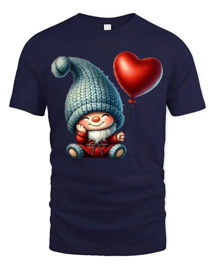 Cute Gnome Holding Heart Balloon Cartoon Art T Shirt Cozy Graphic Tee - navy t-shirt on white background